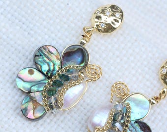 Abalone Shell Flower Earrings with Freshwater Pearls, 14K Gold Plated Dangle Earrings, Gift for Her