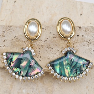 Abalone Shell Pearl Earrings: 14K Gold Ocean Fan Design