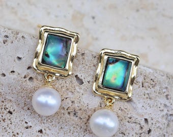 Handmade Abalone Shell Earrings, Gold Picture Frame Design with Pearl Drop, Vintage Style Jewelry