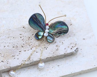 Natural Abalone Shell Butterfly Brooch with Freshwater Pearl Drop, Iridescent Ocean Pin, Gift for Her