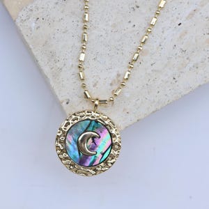 Handmade Moon Medal Pendant Necklace with Abalone Shell, Gold-Plated Design, Elegant Jewelry for Women