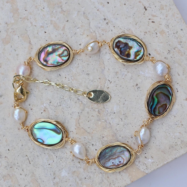 Unique Gold Twisting Design Chain Bracelet, Abalone Shell and Pearl Bracelet, Handmade Feminine Jewelry