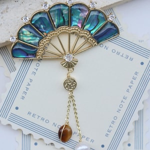 Abalone Shell Fan Brooch, Gold-Plated Freshwater Pearl Drop, Elegant Jewelry for Special Occasions