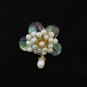 Handmade Spring Floral Brooch with Freshwater Pearl and Abalone Shell, Gold-Plated Design, Perfect Jewelry Gift