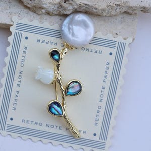 Abalone Shell Brooch: Baroque Pearl, Gold Plated Leaf Pin