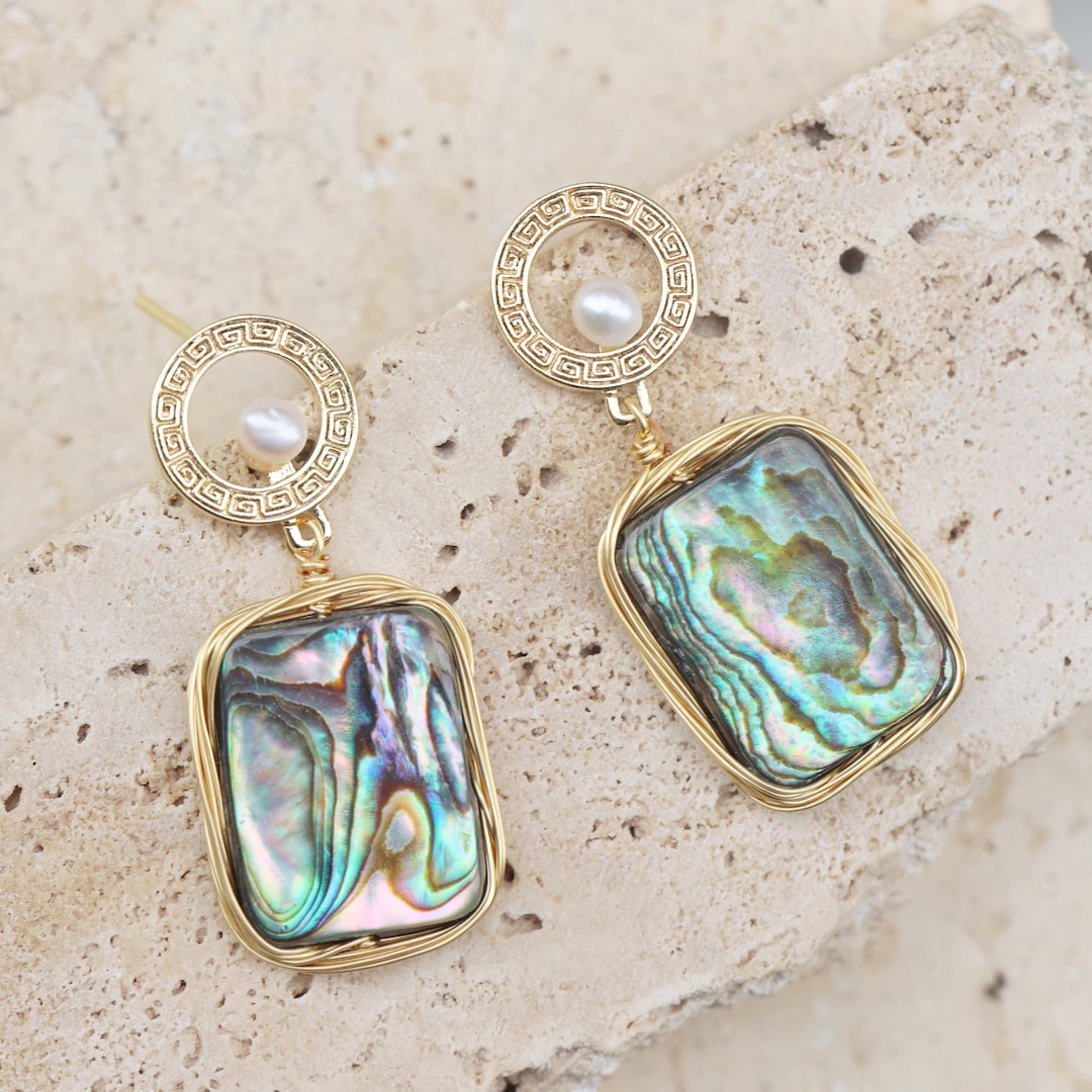 Gold Abalone Shell Earrings, Rectangle Shell Drop and Pearl Detail ...
