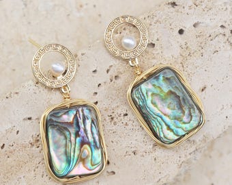 Gold Abalone Shell Earrings, Rectangle Shell Drop and Pearl Detail, Handmade Jewelry for Women