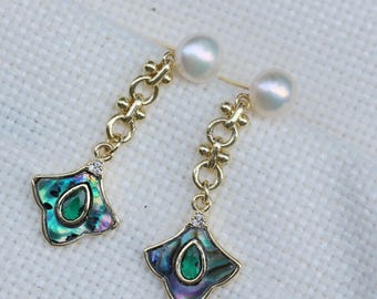 Handmade Abalone Shell and Pearl Earrings, Gold Evil Eye Drop, Jewelry for Good Luck