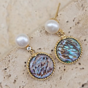 Gold Abalone Shell Pearl Earrings: 14K Gold-Filled, Hypoallergenic