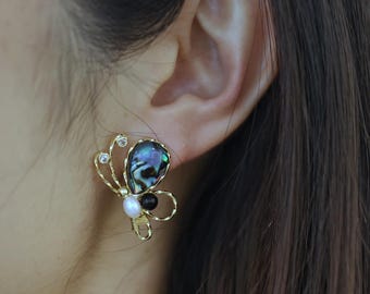 Gold Abalone Shell and Pearl Earrings, Butterfly Statement Jewelry, Dainty Handmade Bridal Gift