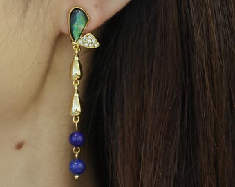 Brincos longos de madrepérola feitos à mão, com pingente de ouro 14K, estilo boho.