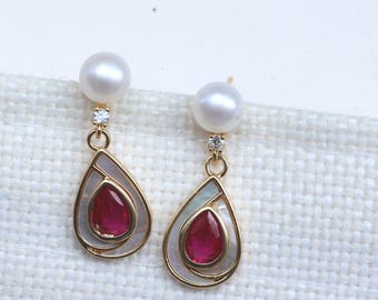 Green Cubic Zirconia Pearl Drop Earrings, Mother of Pearl Gold Plated Earrings, Elegant Wedding Jewelry Gift for Her