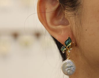 Abalone Shell and Baroque Pearl Earrings, 14K Gold Plated, Handmade Butterfly Jewelry