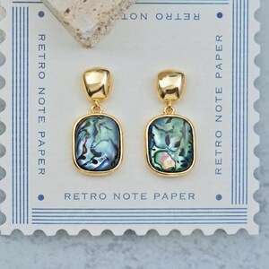 Abalone Shell Earrings, 14K Gold Filled, Geometric Round, Brushed Metal, Iridescent, Minimalist Dangle, Modern Elegant, Everyday Jewelry