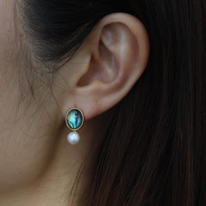 Gold Abalone Shell Dangle Earrings: Freshwater Pearl, Nature-Inspired