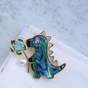 Abalone Shell Dinosaur Brooch: 14K Gold-Filled Dino Pin with Pearl