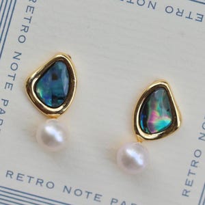 Gold Abalone Shell & Pearl Earrings for Women, Handmade Stud Earrings, Ocean Inspired Minimalist Jewelry Gift Idea