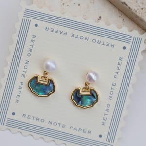 Abalone Shell Pearl Dangle Earrings: 14K Gold-Plated Oriental Design