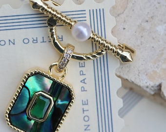 Handmade Abalone Shell Brooch, Square Diamond Drop Pin, Pearl Detail, Gold Frame Jewelry