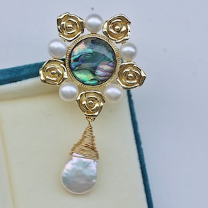 Vintage Floral Brooch with Abalone Shell, Baroque Pearl and Gold Roses, Elegant Jewelry for Women