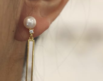 Mother of Pearl Bar Earrings with Freshwater Pearl, Gold Plated Geometric Drop Earrings, Minimalist Gift for Her