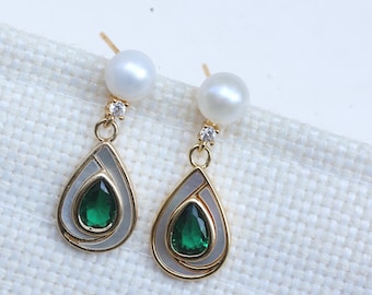 Green Cubic Zirconia Drop Earrings with Freshwater Pearl, Mother of Pearl Gold Plated Teardrop Earrings, Gift for Her