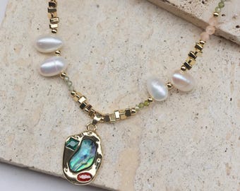 Gold Abalone Shell and Pearl Necklace, Square Pendant with Gemstone, Handmade Ocean Jewelry