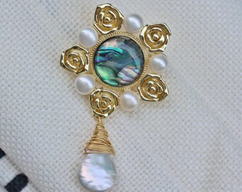 Twisting Gold Abalone Shell Brooch, Baroque Pearl Drop Pin, Handmade Floral Jewelry Gift