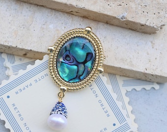 Iridescent Abalone Shell Brooch, Vintage Art Deco Gold Brooch with Pearl and Crystal, Handmade Statement Pin, Unique Mother’s Day Gift