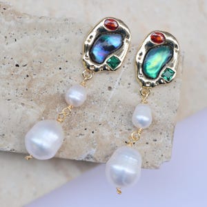 Handgemachte Abalone Muschel Ohrringe, Barock Perle Tropfen, Twisting Gold Design mit Kristall, femininer Schmuck