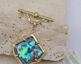 Large Abalone Shell Brooch, Vintage Dangle Statement Pin, 14K Gold Plated Ocean Jewelry Gift