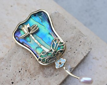Oriental Fan Inspired Brooch, Gold Lotus Abalone Shell and Pearl Pin, Handmade Artistic Jewelry