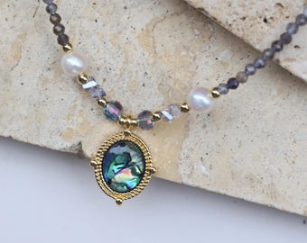 Handmade Abalone Shell and Natural Stone Necklace, Twisting Gold Oval Pendant, Boho Jewelry Gift