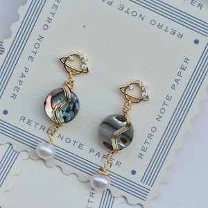 Handmade Saturn Abalone Shell Earrings: Gold Wire Pearl Drops