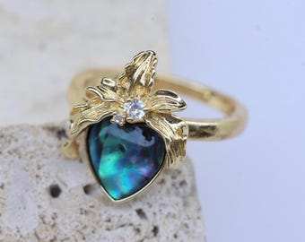 Heart Shape Abalone Shell Ring, Gold Leaf Design, Handmade Open Band Jewelry for Love