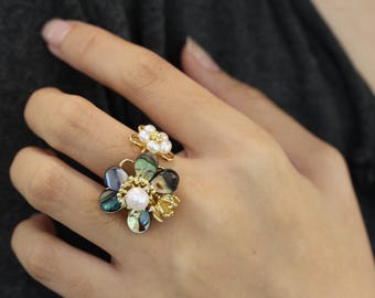 Gold Abalone Shell and Pearl Ring, Artistic Ring with Flower Design, Handmade Jewelry Gift