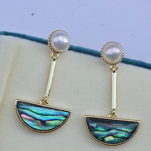 Gold Abalone Shell Dangle Earrings: Freshwater Pearl, Handmade Jewelry