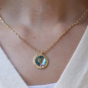 Gold Plated Abalone Shell Necklace, Moon Design Pendant, Nature Inspired Bridal Jewelry