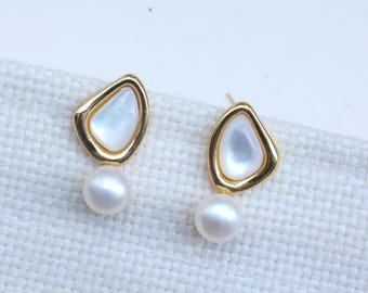 Mother of Pearl Drop Earrings with Freshwater Pearl, Gold Plated Organic Stud Earrings, Minimalist Gift for Her
