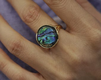 Natural Abalone Shell Ring, Adjustable Gold-Plated Copper Oval Statement Design