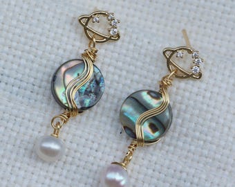 Artistic Abalone Shell and Pearl Earrings, Gold Saturn Planet Inspired Earrings, Handmade Lucky Jewelry