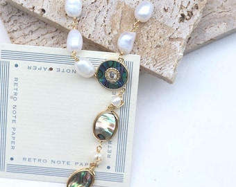 Abalone Shell and Pearl Necklace, Gold Plated Statement Pendant, Iridescent Ocean Jewelry Gift