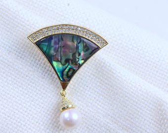 Abalone Shell Fan Brooch with Freshwater Pearl, 14K Gold Plated Art Deco Pin, Wedding Gift for Her