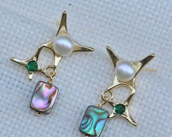 Handmade Abalone Shell and Pearl Drop Earrings, Gold Starburst Theme Earrings, Nature Inspired Jewelry