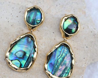 Handmade Abalone Shell Earrings, Large Teardrop Dangles with Twisting Gold Edge, Ocean Inspired Jewelry