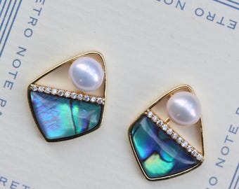 Pendientes de botón con concha de abulón y perla chapados en oro, diseño geométrico, joyería de estilo minimalista