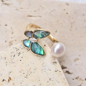 Boho Wedding Ring, 14k Gold Filled Butterfly Abalone Shell & Freshwater Pearl Stackable Ring, Nature Inspired Jewelry