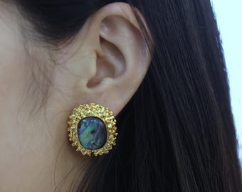Luxury Abalone Shell Stud Earrings, Handmade Gold Lace Design Studs, Dainty Jewelry for Brides