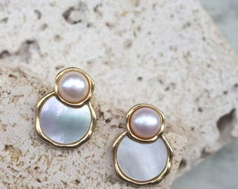 Freshwater Pearl Stud Earrings, Gold Plated Double Circle Earrings, Minimalist Geometric Jewelry, Elegant Gift for Her