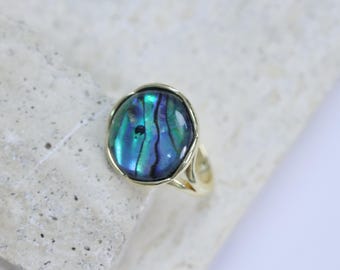Gold Plated Abalone Shell Ring, Minimalist Round Medal Ring, Dainty Handmade Bohemian Jewelry
